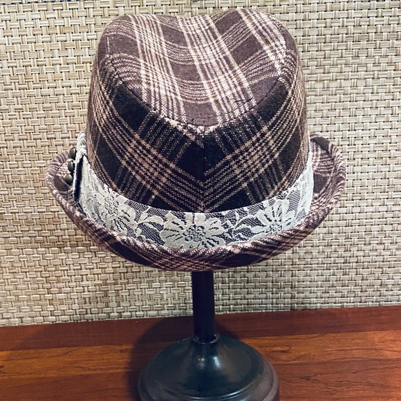 ?2xHP?NWOT Brown Plaid Wool & Lace Fedora Hat main image 7